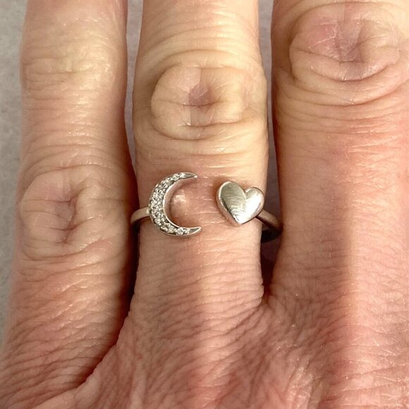 Sterling Silver 925 Dainty Diamond Crescent Moon & Heart Bypass Band Ring Sz 5 - Picture 1 of 16